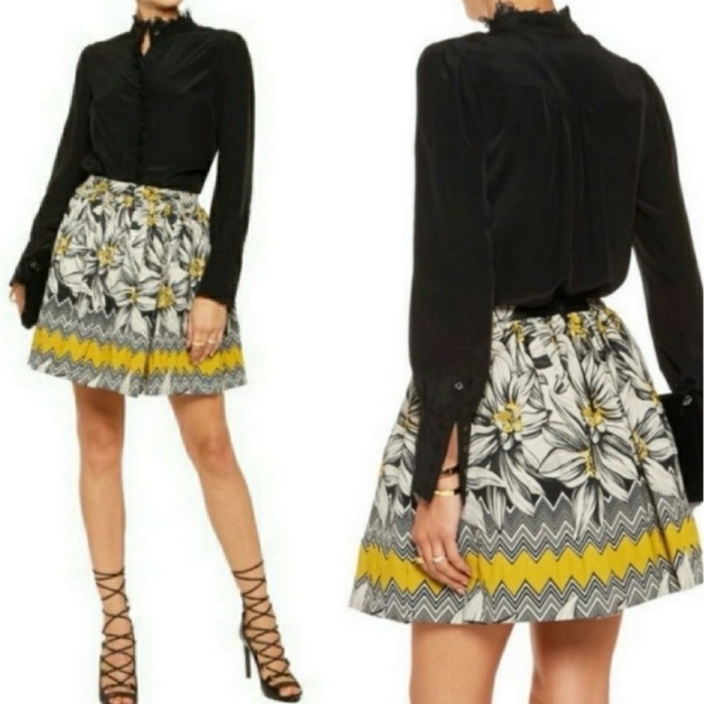 Alice + Olivia Tania Floral Mini Skirt Yellow Black Fit & Flare Size 2